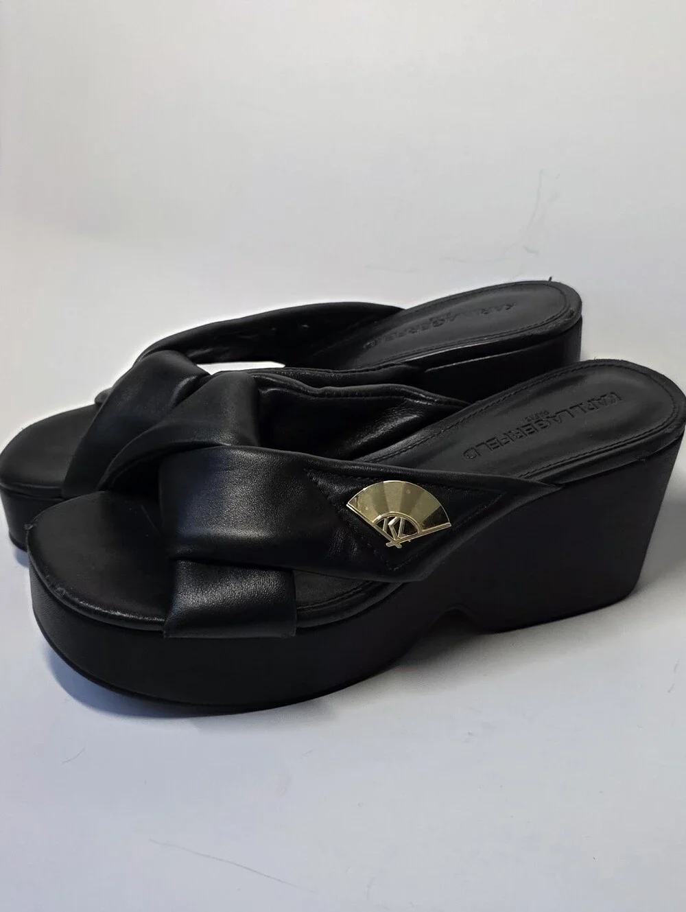 Karl Lagerfeld Black Platform Slide Wedges with Gold Fan Detail